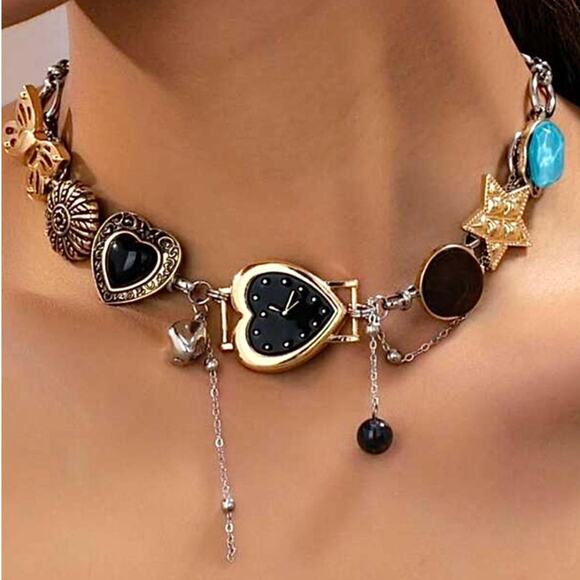 handmade Jewelry - Black Heart Watch Charm Necklace Gold Silver Chunky Y2K Choker